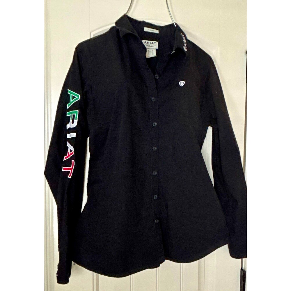 Ariat Women’s Black Fitted Button-Up Shirt Collar Logo Embroidered Shirt XL